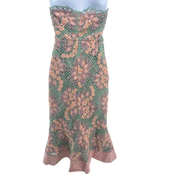 Foxiedox S Strapless Floral Lace Midi Dress Green Pink Scalloped Wedding Guest - Picture 3 of 7